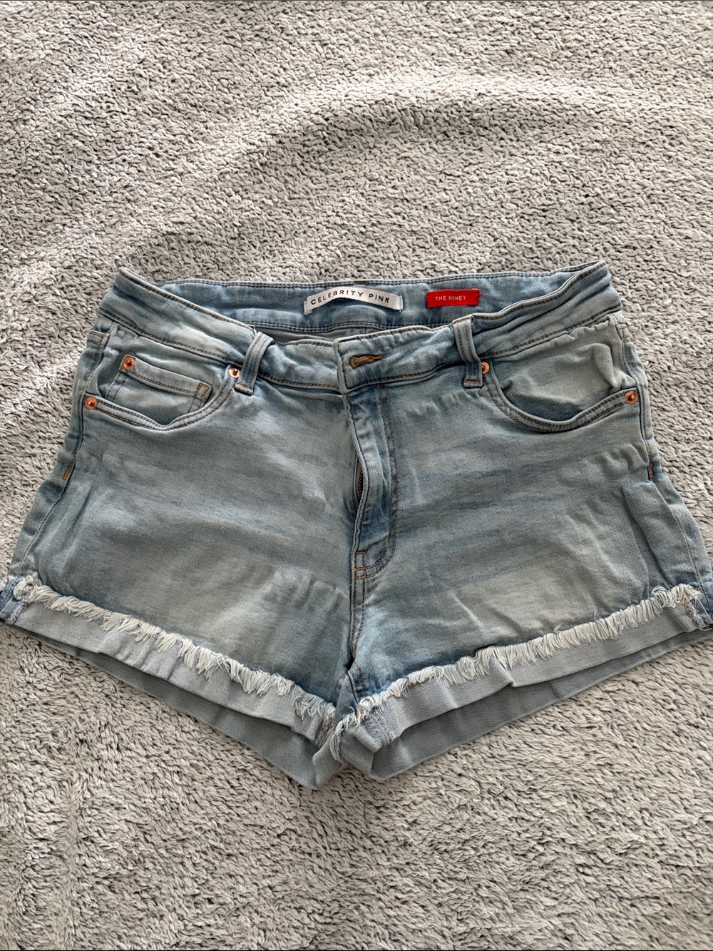 Celebrity Pink Light Wash Frayed Hem Denim Shorts